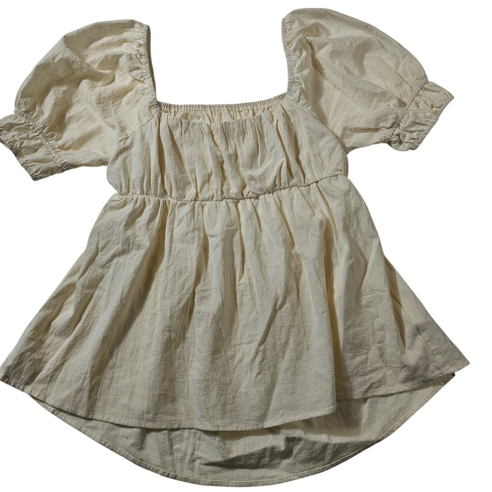 Tankaneo Beige‎ Puff Sleeve Back Cutout Peplum Blouse Top M M7D583 New